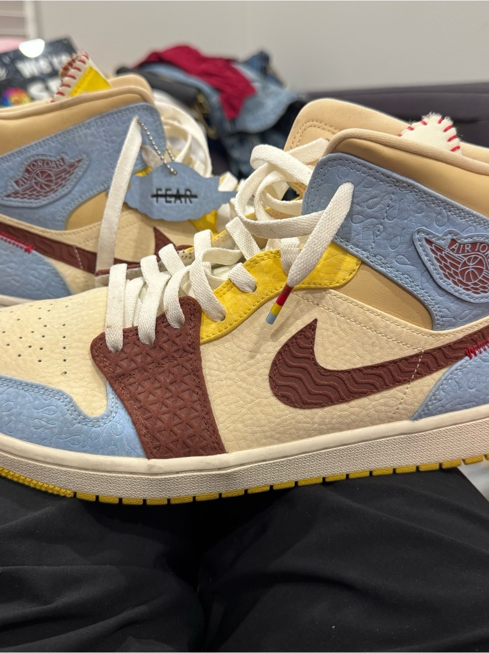 Nike Air Jordan 1 Mid Beige Blue Maroon Yellow Sneakers